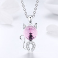 Lovely Cat Pink Crystal CZ Sterling 925 Sterling Silver Pendant